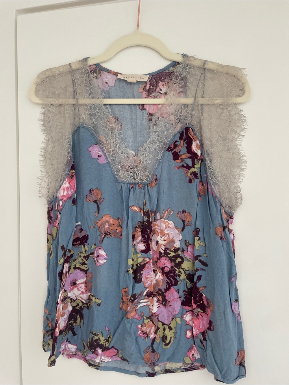 lovestitch Dusty Blue Floral Sleeveless Top with Cream Lace